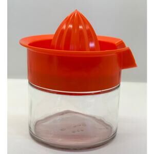 VTG GEMCO USA Orange Plastic Citrus Juicer Reamer Glass Jar Manual 70's Kitchen